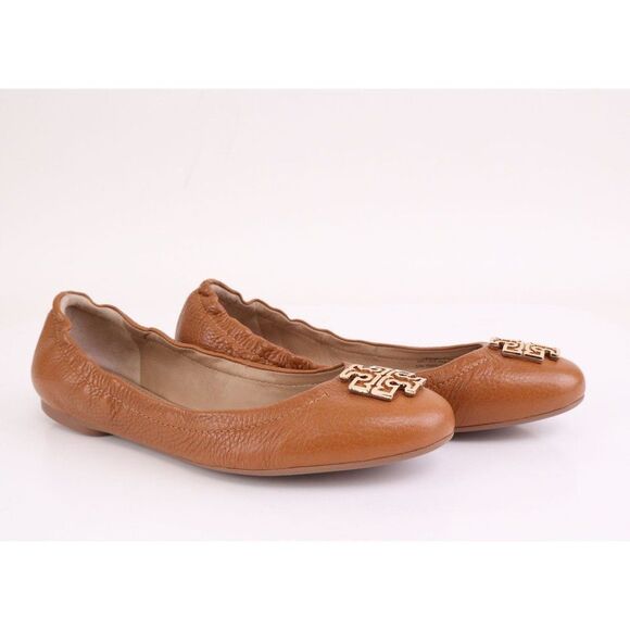 NIB Tory Burch MELINDA Ballet Flats Tumbled Leather in Royal Tan/ Gold in 7.5 - Picture 4 of 11